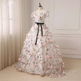 Beautiful Flowers Ball Gown Long Party Dress, Short Sleeves Semi Formal Prom Dress